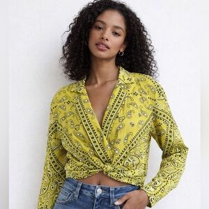 Zara Yellow Green Paisley Crop Top Blouse Bandana Print Western Chic Size Medium